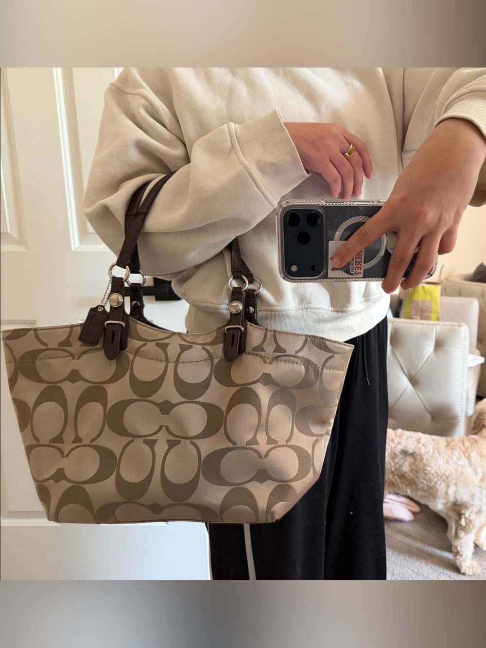 Y2K Coach Beige and Brown Signature Canvas Tote - Picture 6 of 11